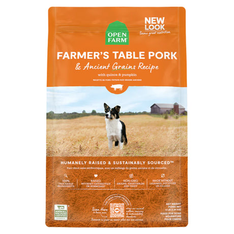 Front view of Open Farm Pork Dog Food with ancient grains on a white background