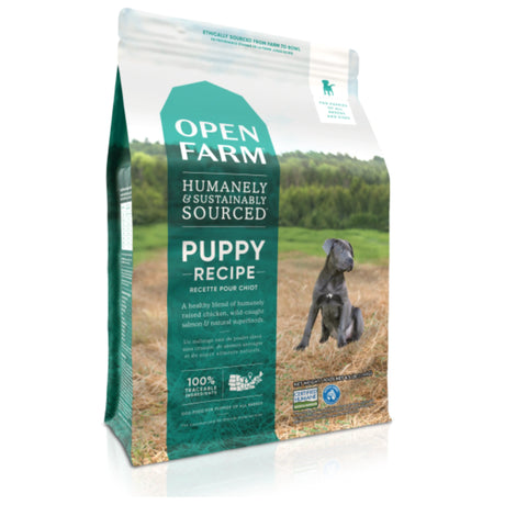 Front view of Open Farm Grain-Free Puppy Recipe Dog Food on a white background