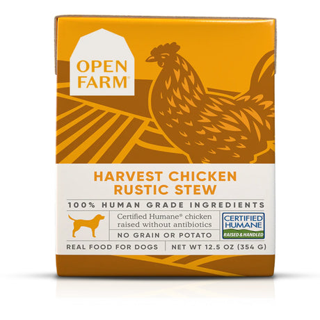 Front view of Open Farm Rustic Stew Chicken Dog Food on white background