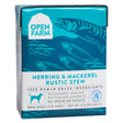 A front view of Open Farm rustic stew herring mackerel dog food on a white background.