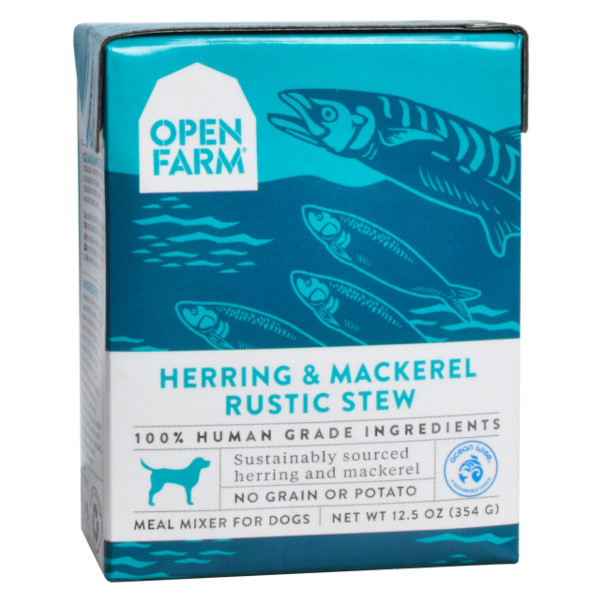 A front view of Open Farm rustic stew herring mackerel dog food on a white background.