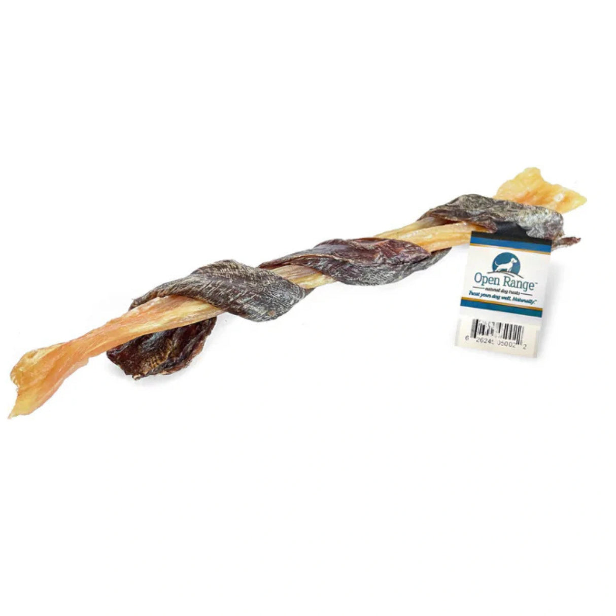 Close-up view of Open Range Chomper Wrapped Backstrap Dog Treat on a white background