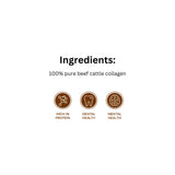 List of ingredients in Open Range flattened collagen jerky strips beef dog treat with icons