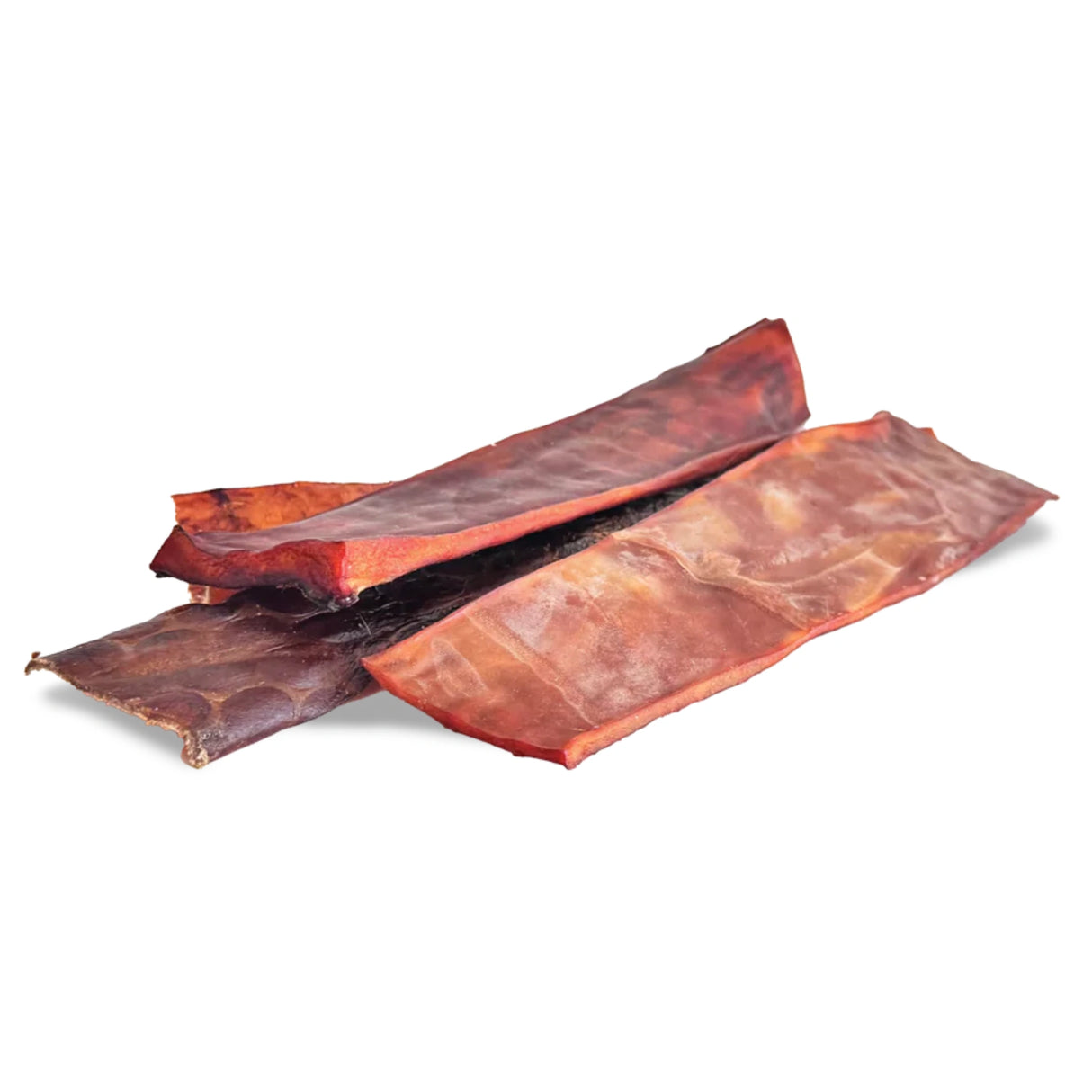 A front view of Open Range flattened collagen jerky strips beef dog treat on a white background