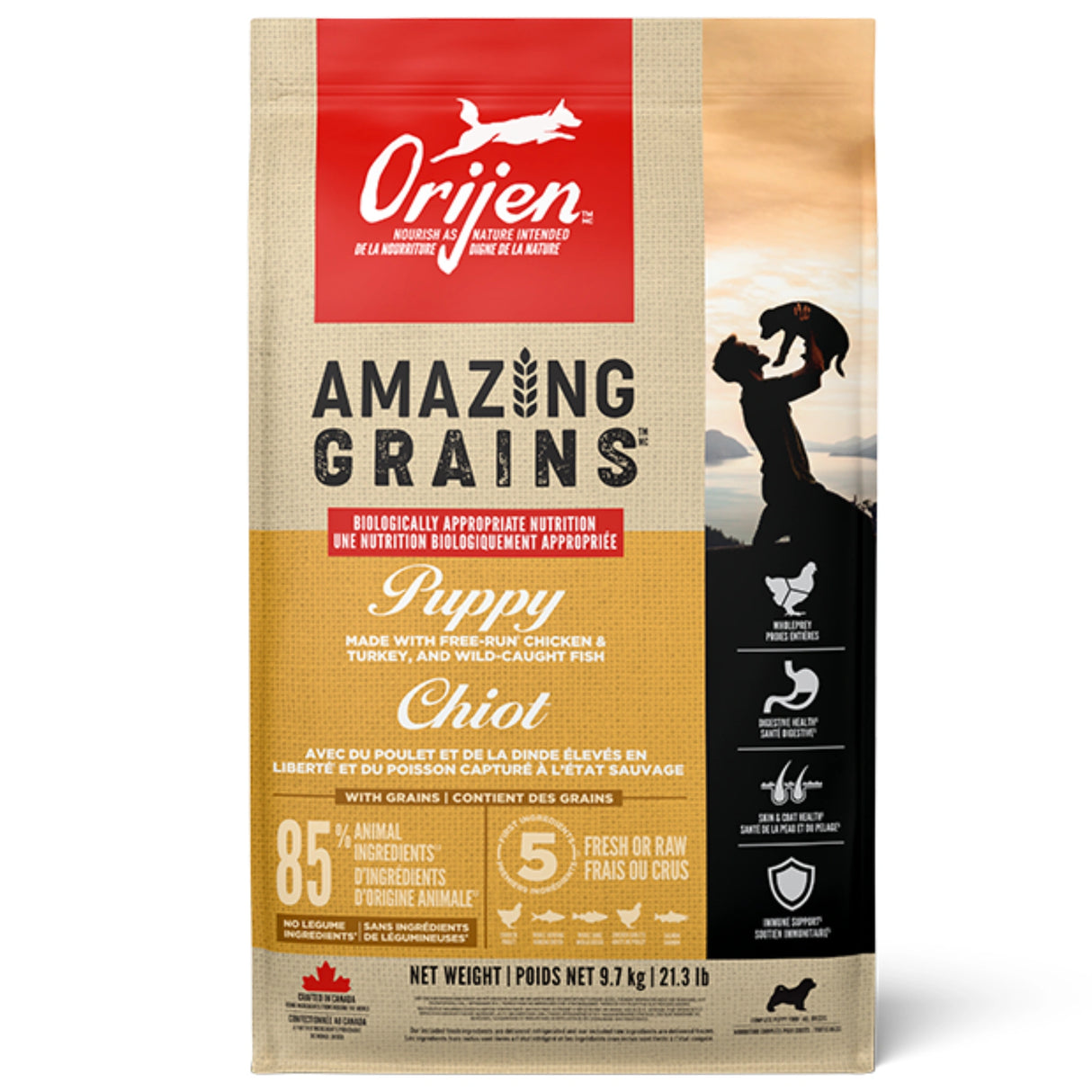 Front view of Orijen Amazing Grains Puppy Dog Food on a white background