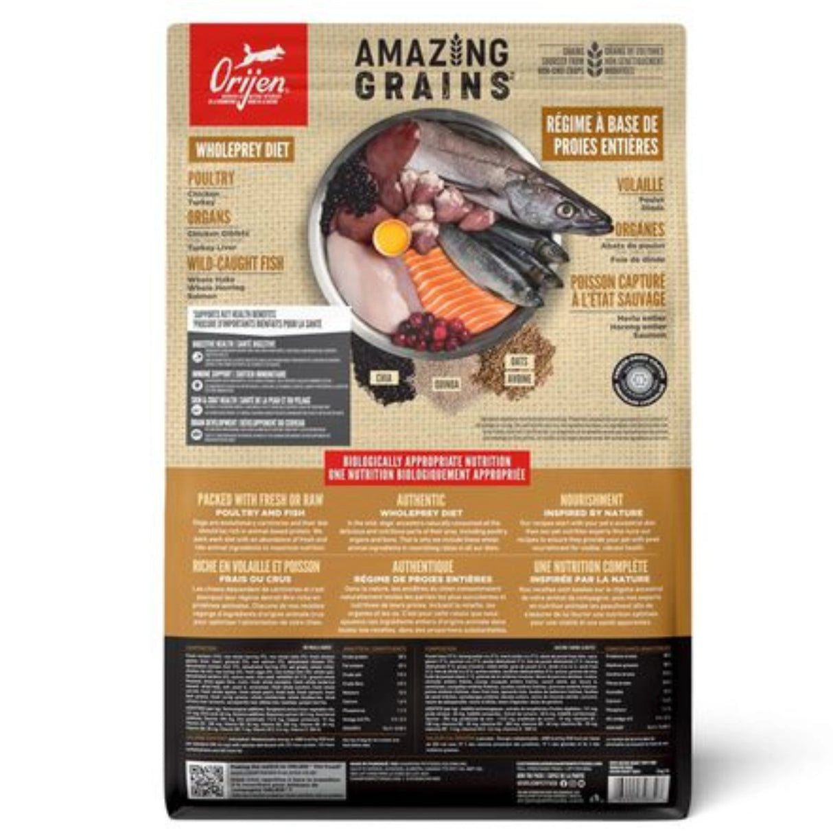 Back view of Orijen Amazing Grains Puppy Dog Food on a white background