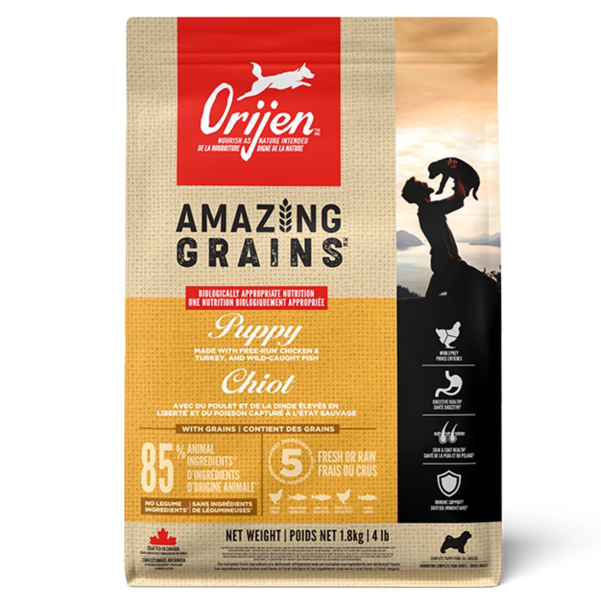 Front view of Orijen Amazing Grains Puppy Dog Food on a white background