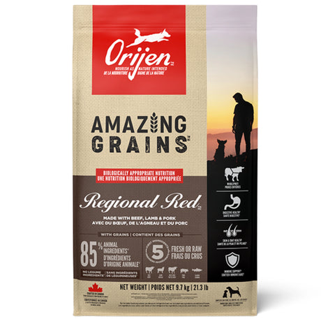 Front view of Orijen Amazing Grains Regional Red Dog Food on a white background