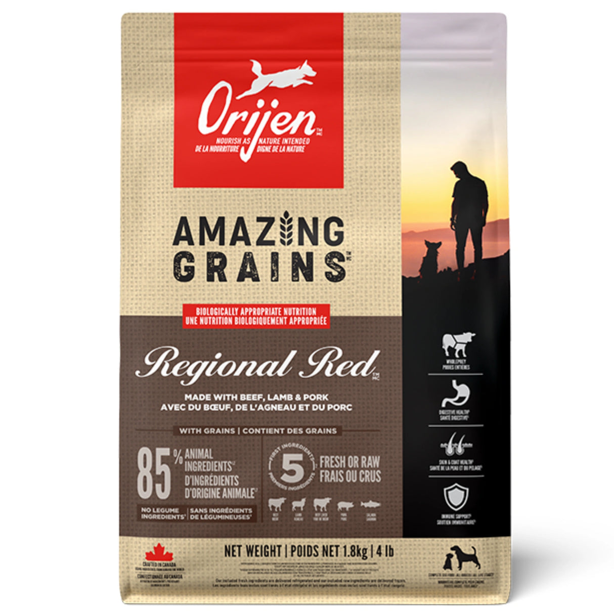 Front view of Orijen Amazing Grains Regional Red Dog Food on a white background