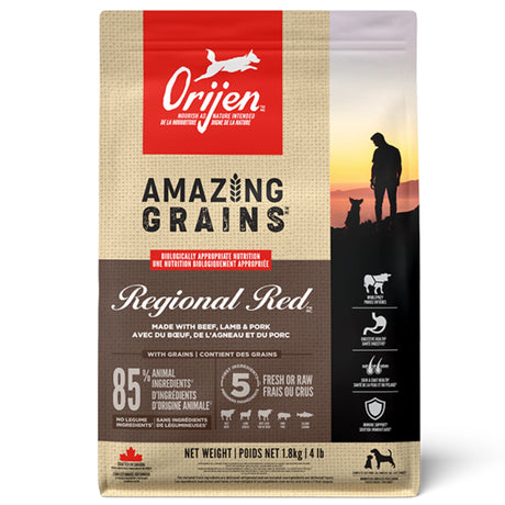 Front view of Orijen Amazing Grains Regional Red Dog Food on a white background