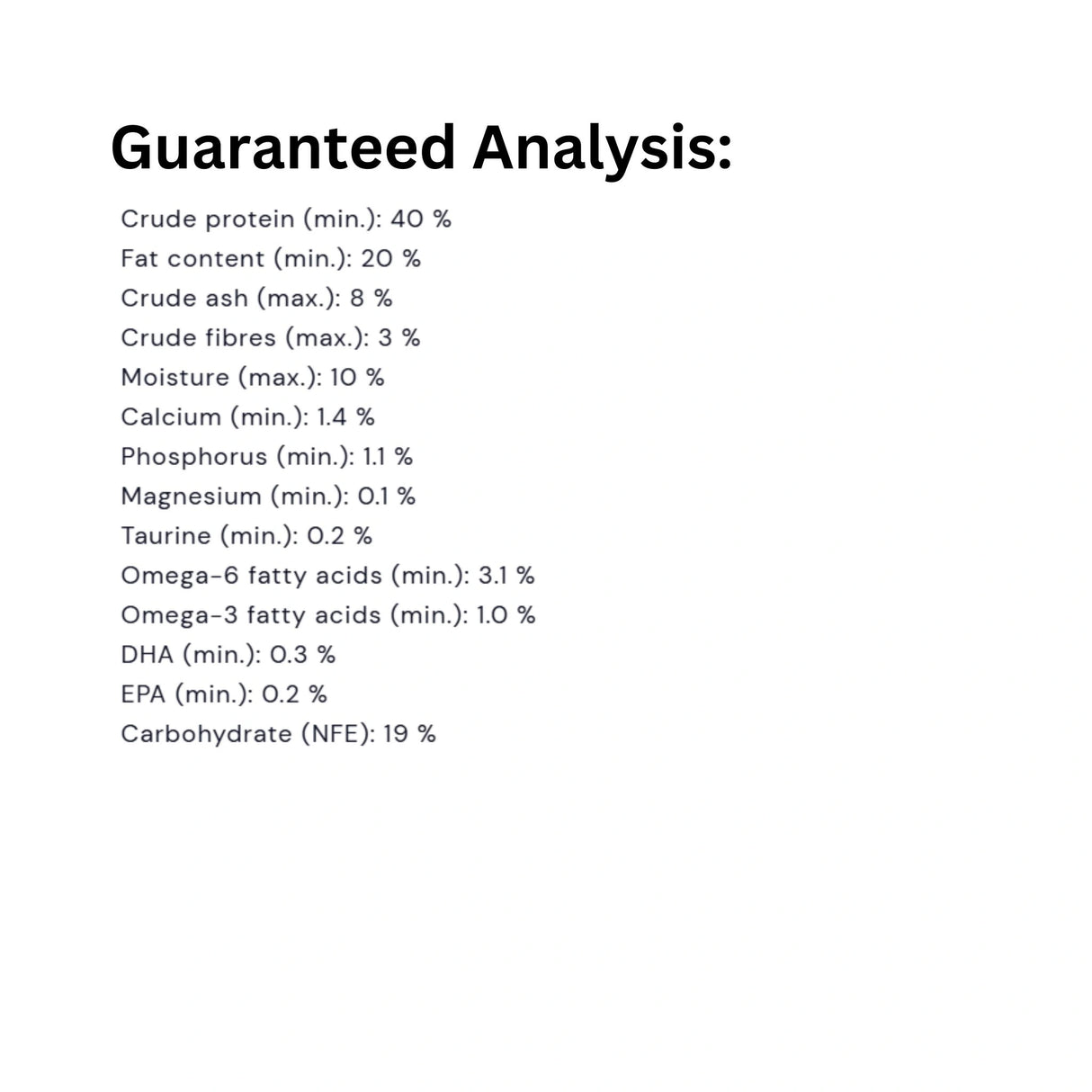 Guaranteed analysis chart of Orijen Grain-Free Protein-Rich Recipes Kitten & Cat Food