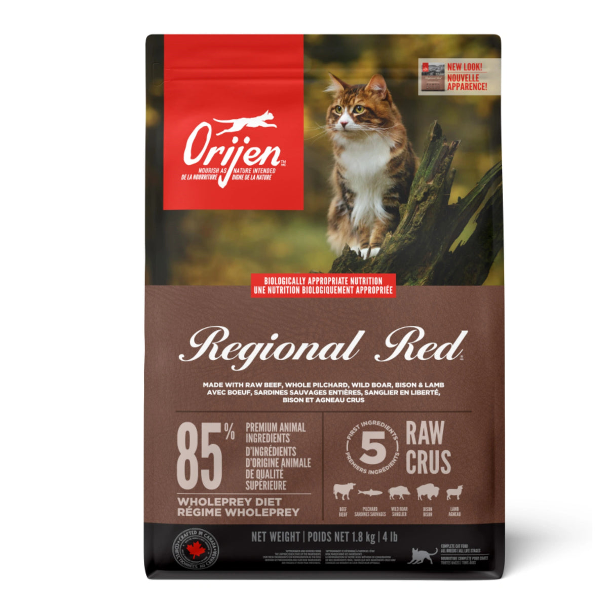 Front view of Orijen Regional Red dry cat food bag on a white background