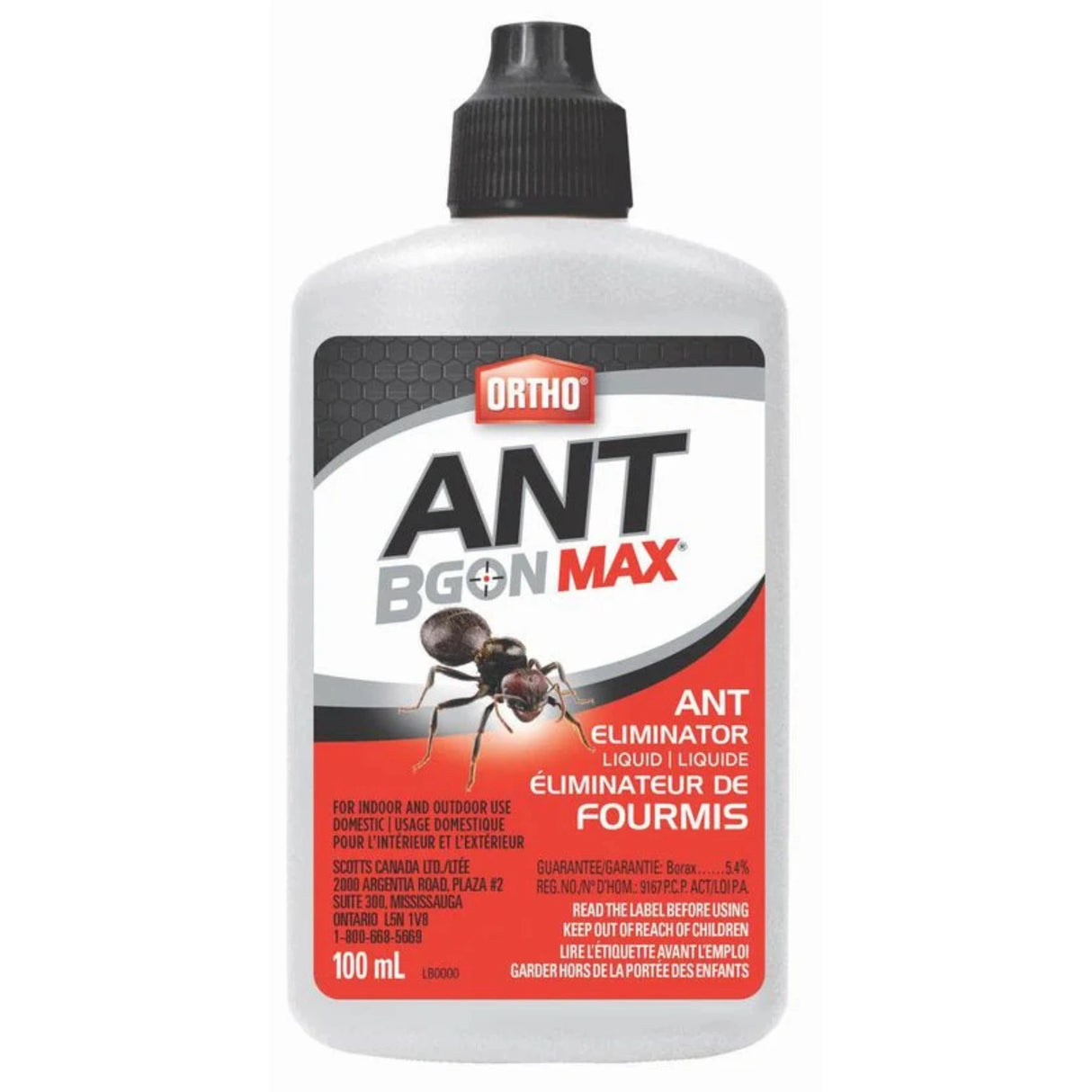 A front view of Ortho Ant Liquid Bait showing the Ant B Gon Max packaging on a white background