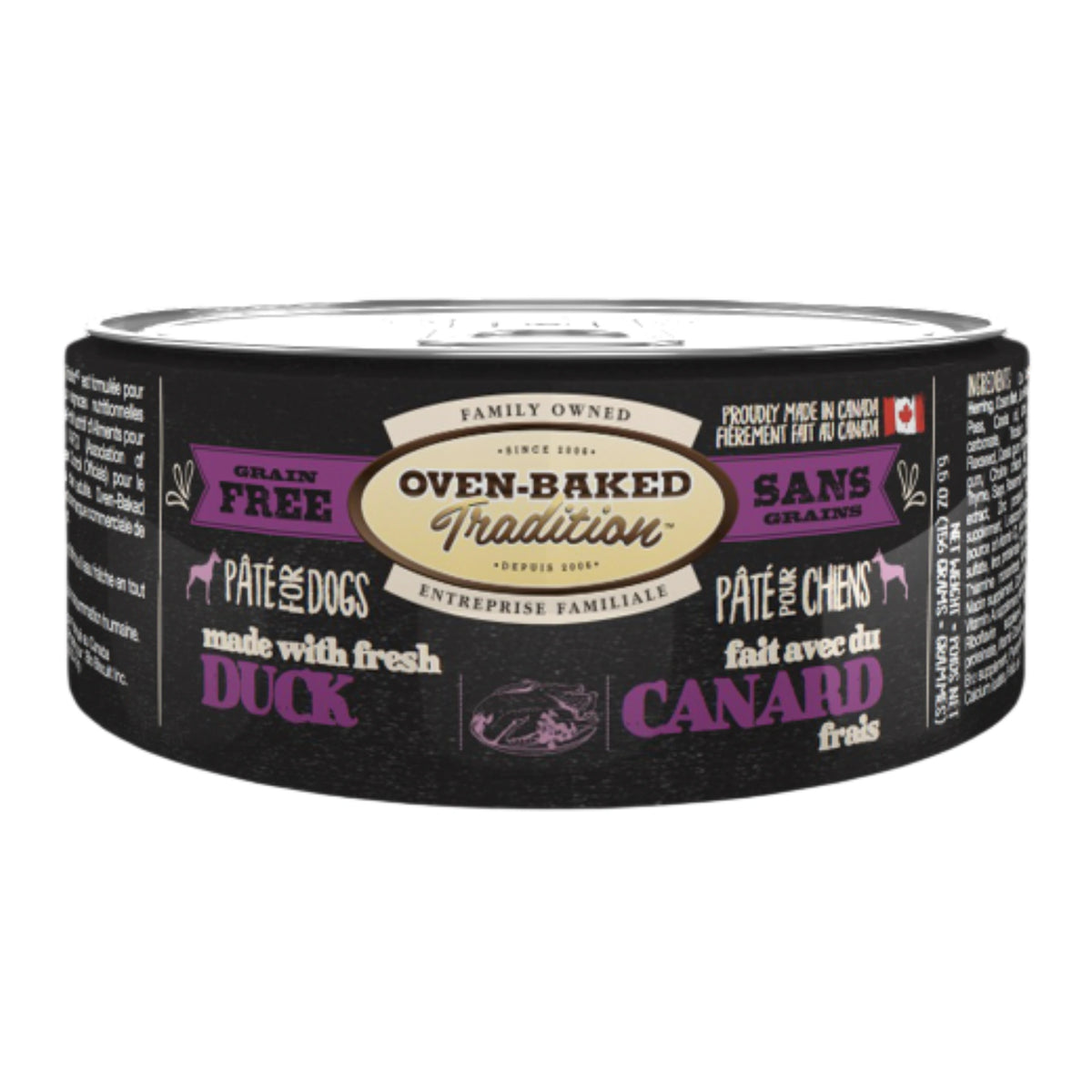 Front view of Oven-Baked Tradition Duck Paté Dog Food on a white background