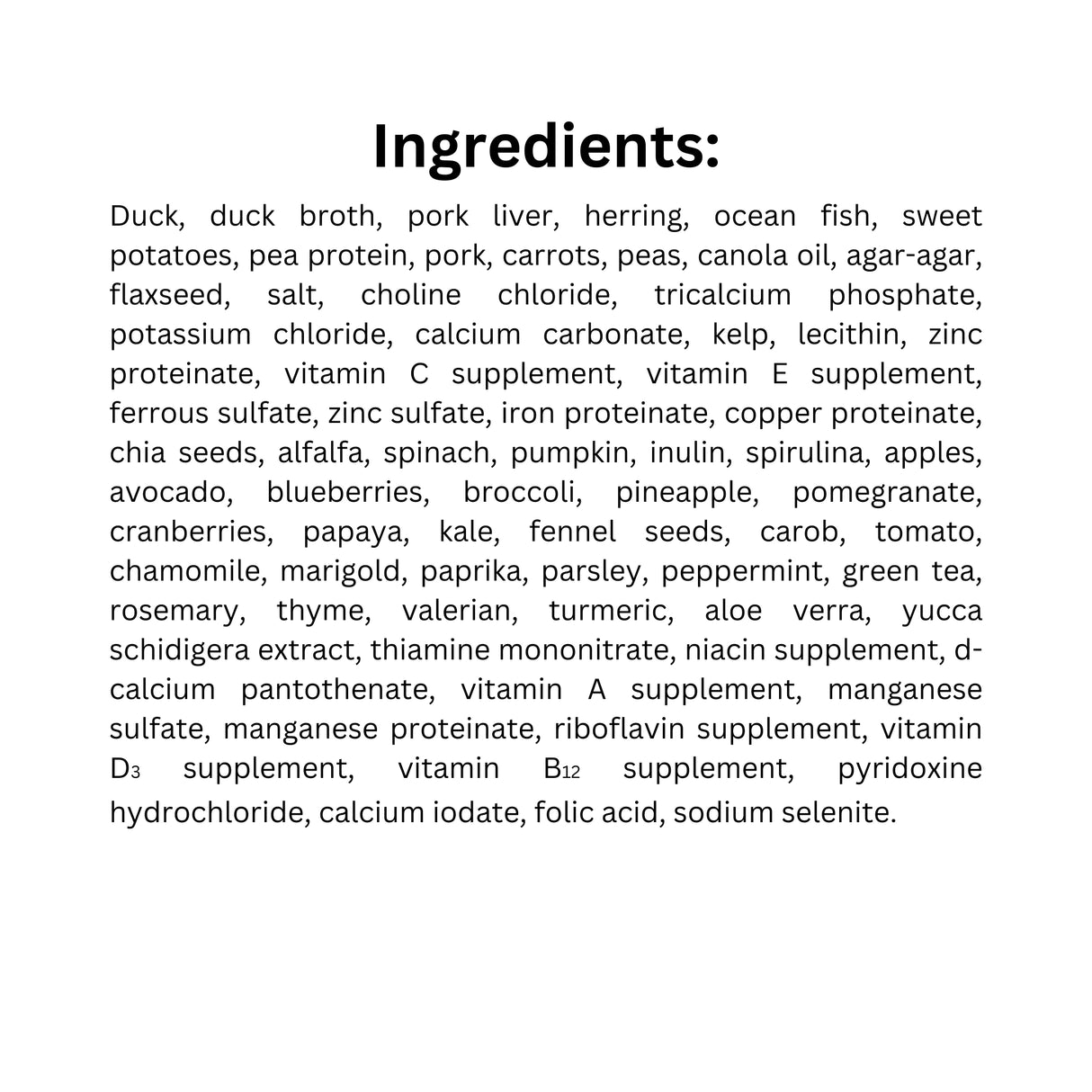 Ingredient list of Oven-Baked Tradition Duck Paté Dog Food