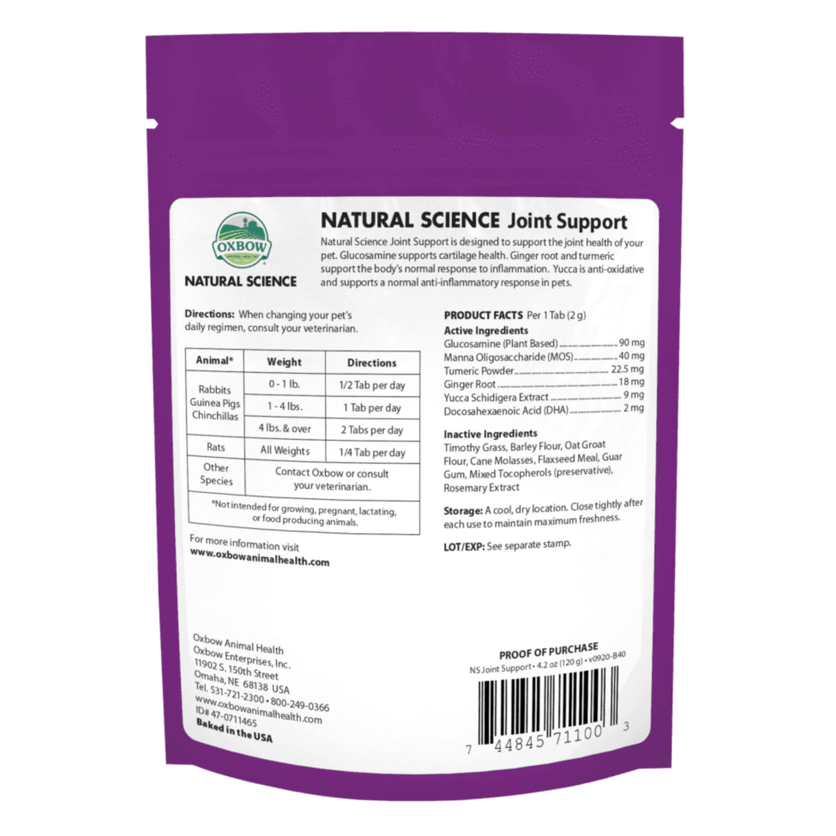 A back view of Oxbow Joint Support Pet Supplement on a white background