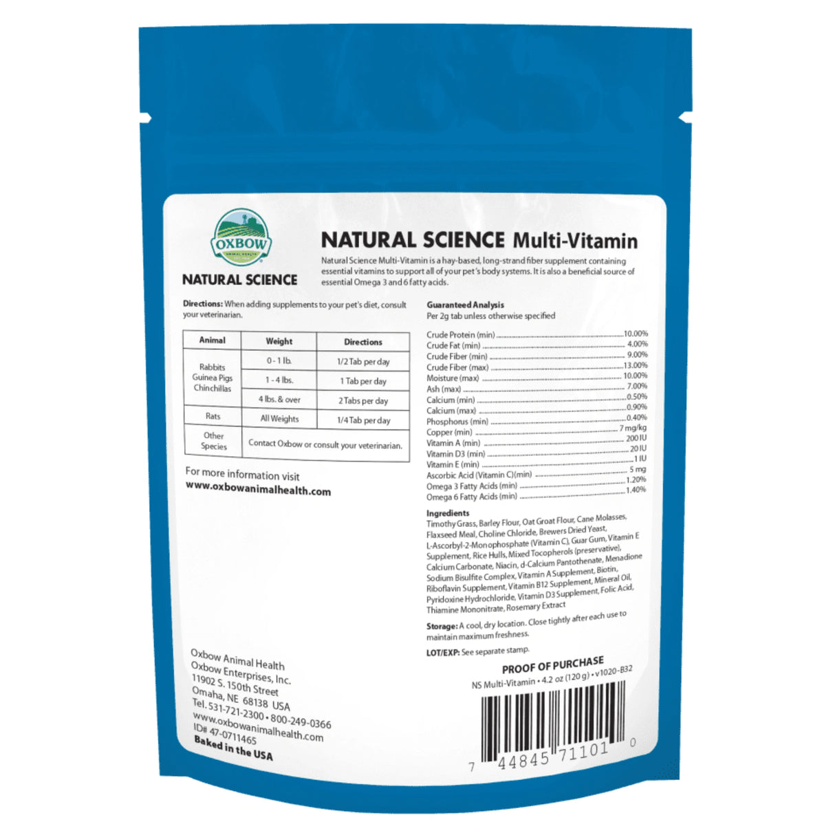 A back view of Oxbow Multi-Vitamin Pet Supplement on a white background