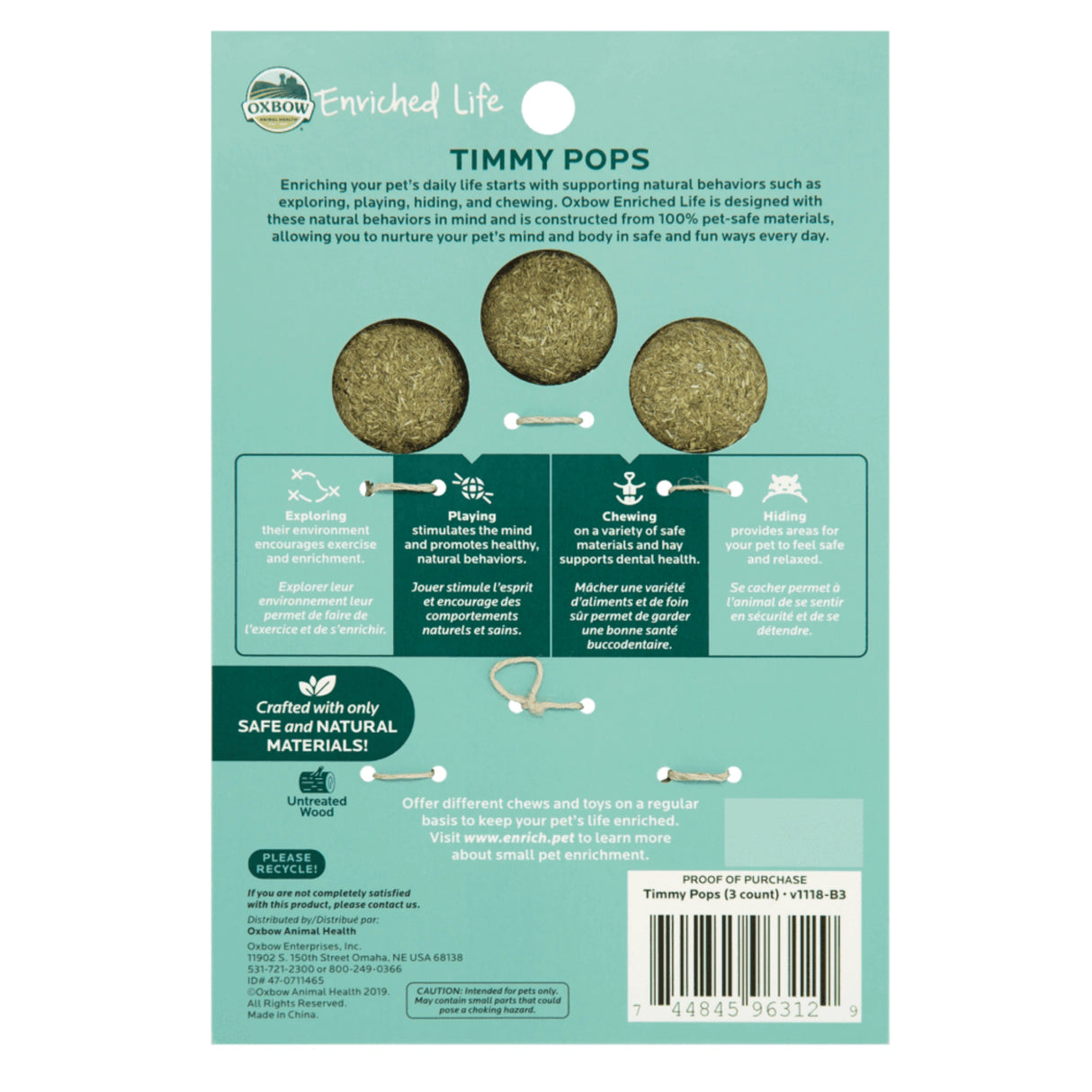Back view of Oxbow Timmy Pops Small Pet Treats showing packaging and label on a white background