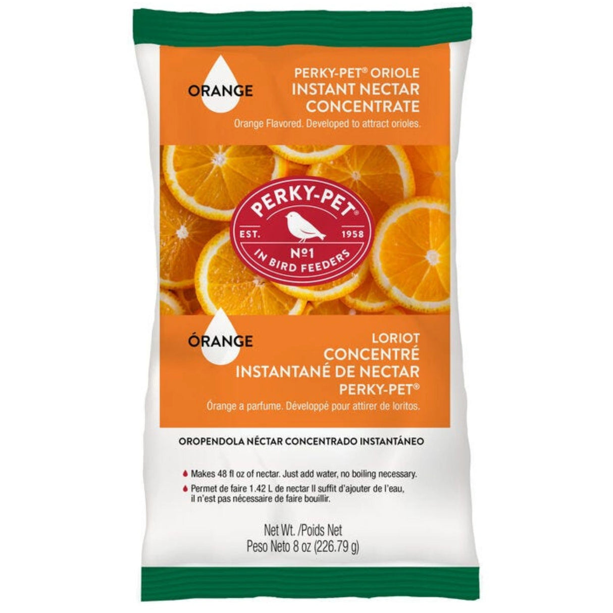 Front view of Perky-Pet Oriole Instant Nectar Concentrate 8oz Hummingbird Food on a white background