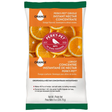 Front view of Perky-Pet Oriole Instant Nectar Concentrate 8oz Hummingbird Food on a white background