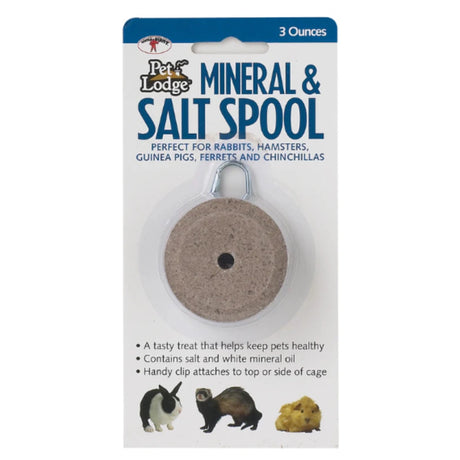 A front view of Pet Lodge Mineral Salt Spool with Hanger on a white background
