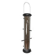 Front view of Pinebush Finch Tube Bird Feeder with clear polycarbonate tube on a white background