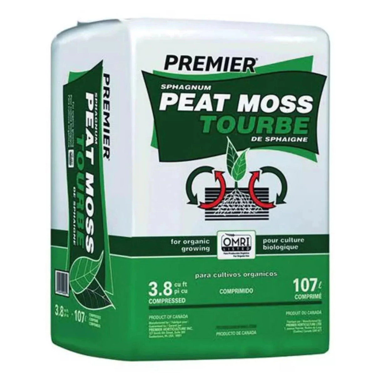 A front view of Sun Gro Horticulture Peat Moss 3.8 Cu Ft. Premier Sphagnum on a white background