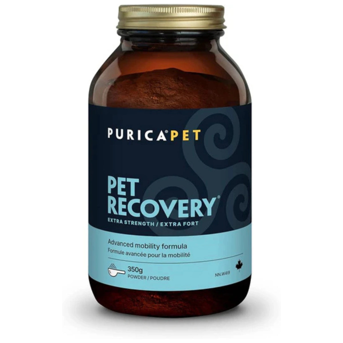 A front view of Purica Pet Recovery dog supplement powder on a white background