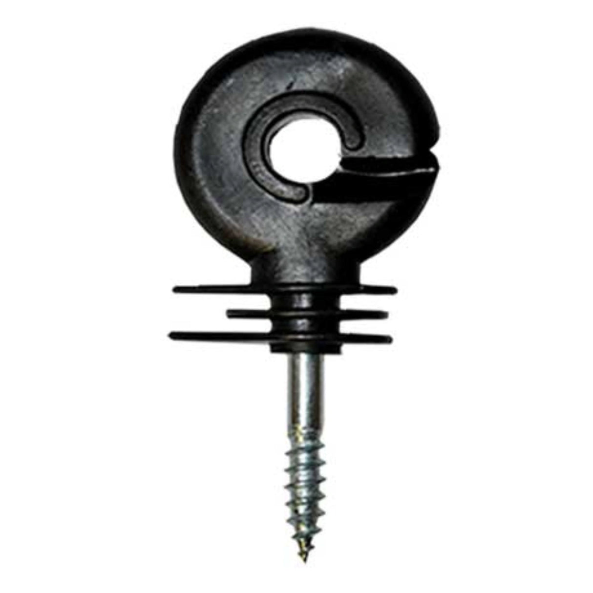 A close-up view of Purity Feed short ring in-line electric fence insulators on a white background