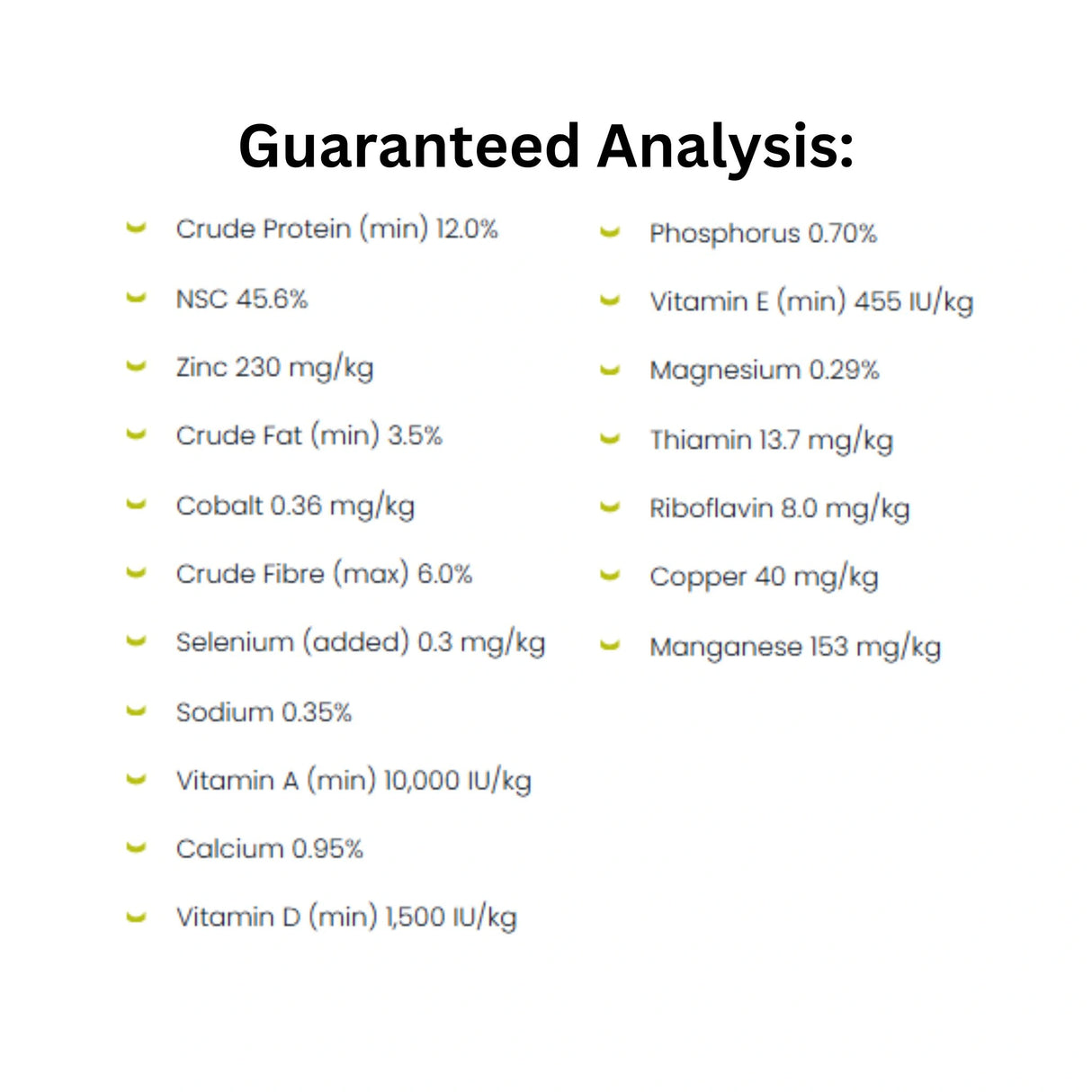 Guaranteed Analysis label of Rancher's Sweet Texture Horse Feed highlighting nutritional content