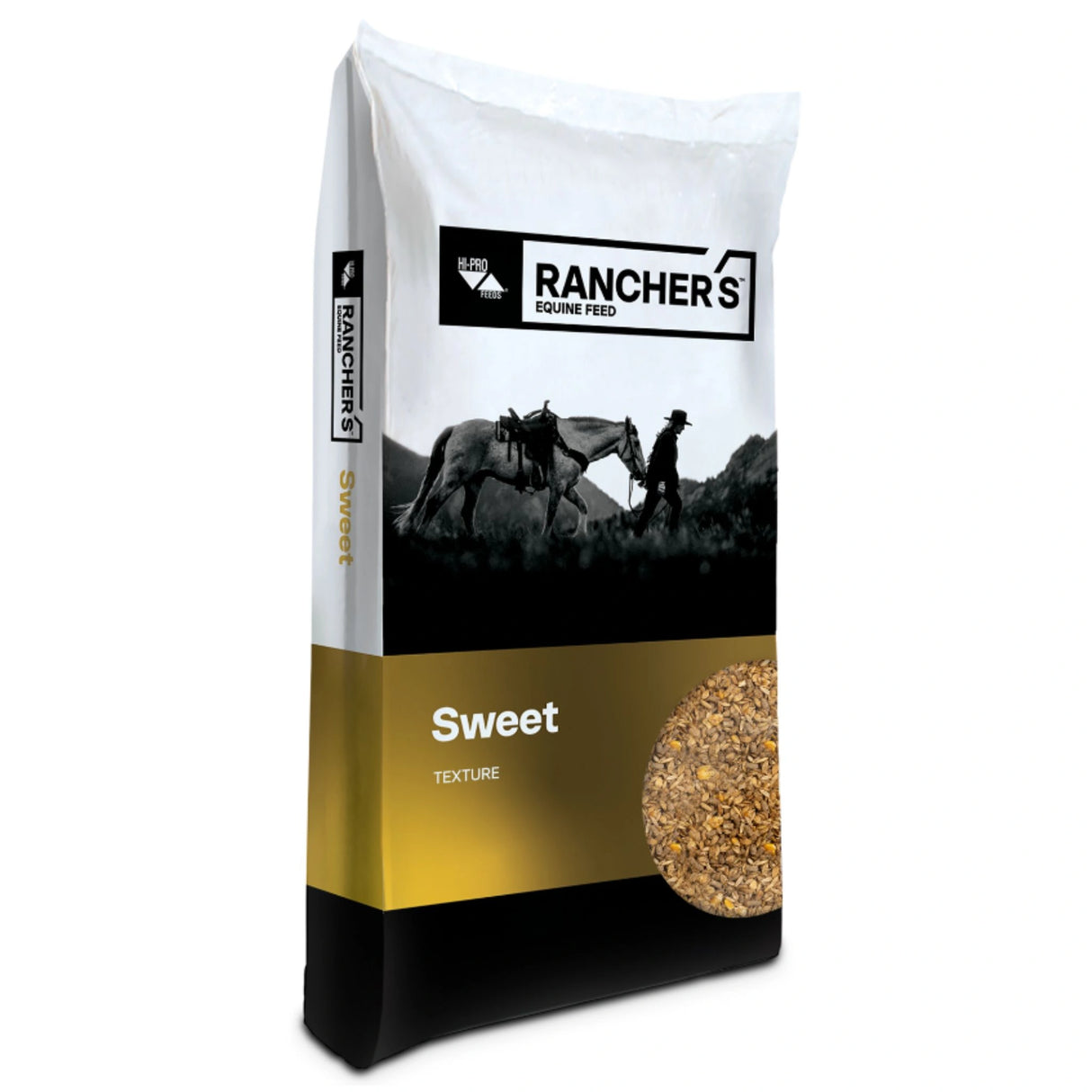 Front side view of Rancher's Sweet Texture Horse Feed bag on a white background