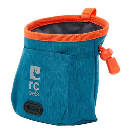 A close-up view of the RC Pets Essential Heather Teal Dog Treat Pouch on a bright white background