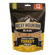 Front view of Rocky Mountain Raw freeze-dried turkey dog treats on a white background