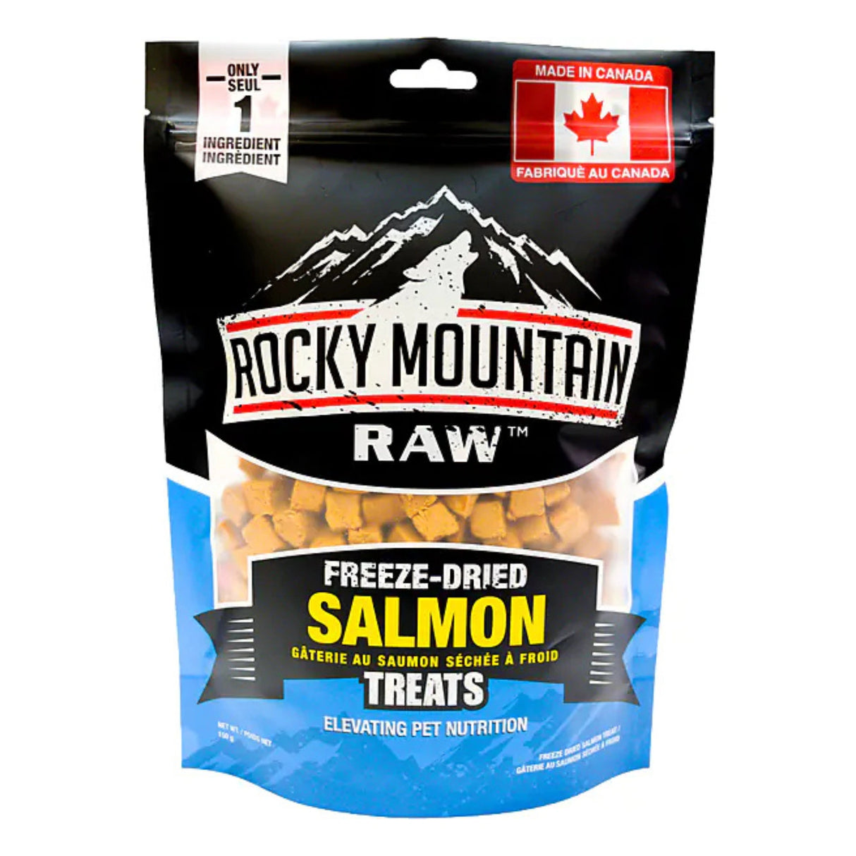 Front view of Rocky Mountain Raw Salmon Dog Treats on a white background
