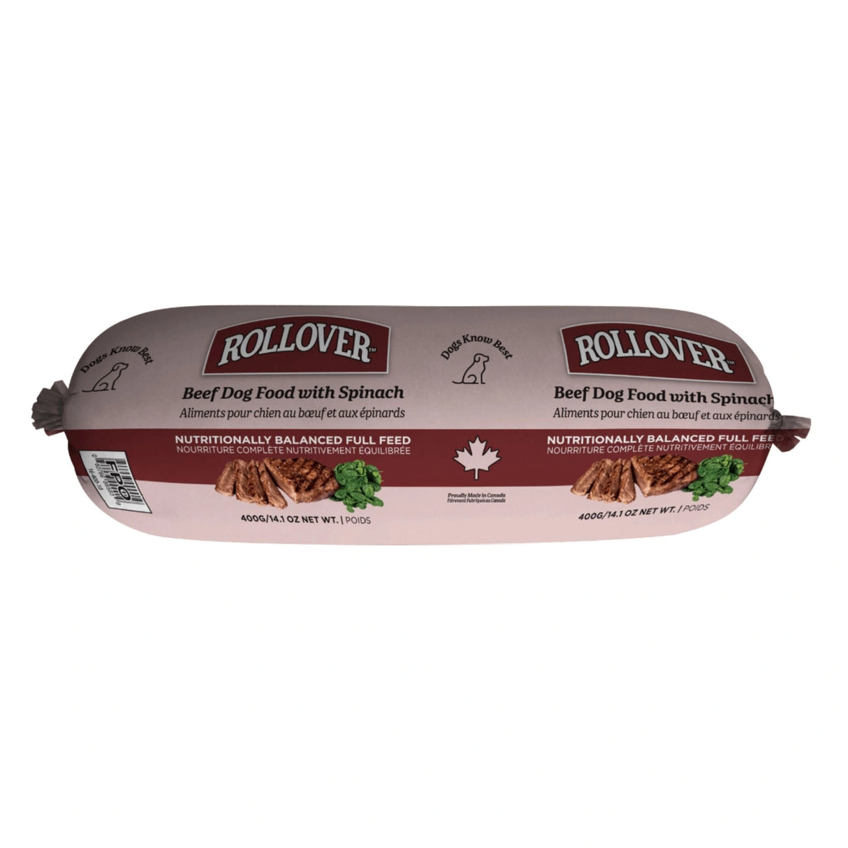 A front view of Rollover Functional 800g Beef and Spinach Dog Food on a white background