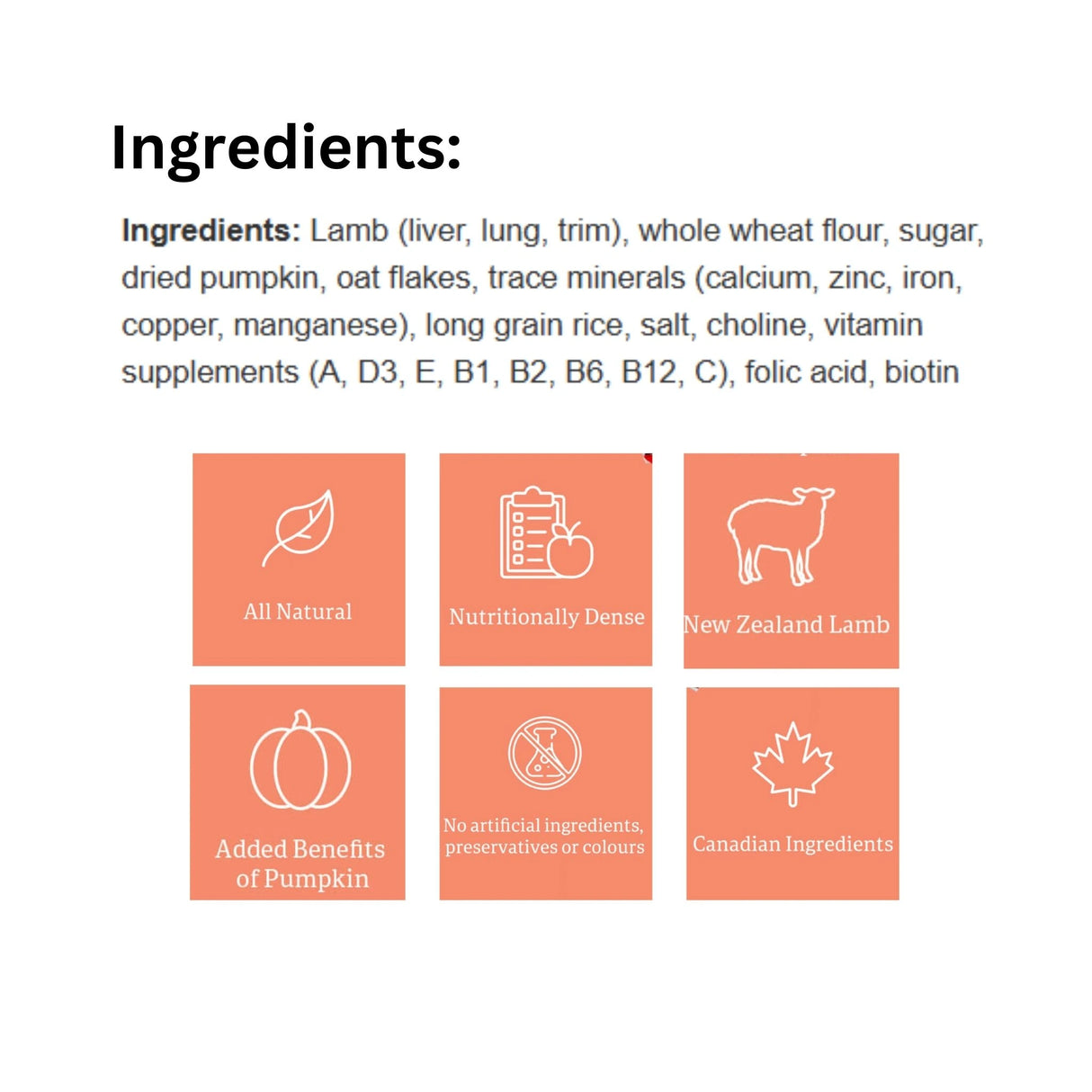 A list of ingredients for Rollover Functional 800g Lamb and Pumpkin Dog Food