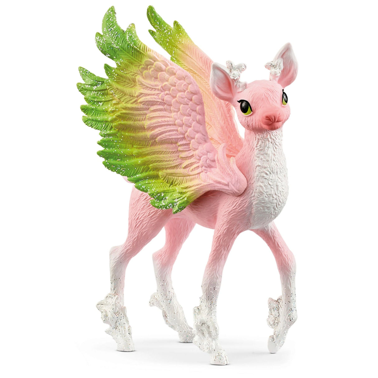 A close-up view of Schleich Magical Fawn deer toy on a white background