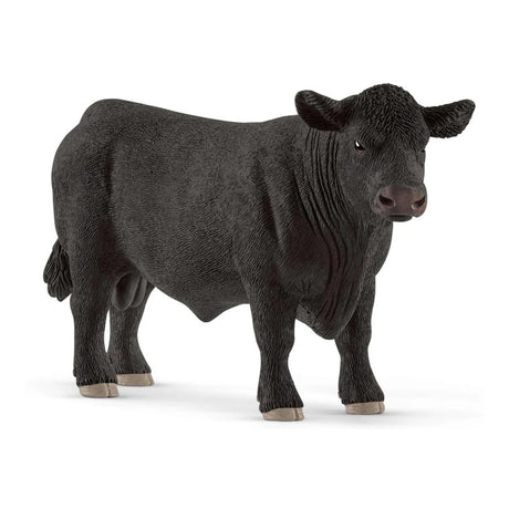 Close-up view of Schleich Black Angus Bull Farm Animal Toy on a white background