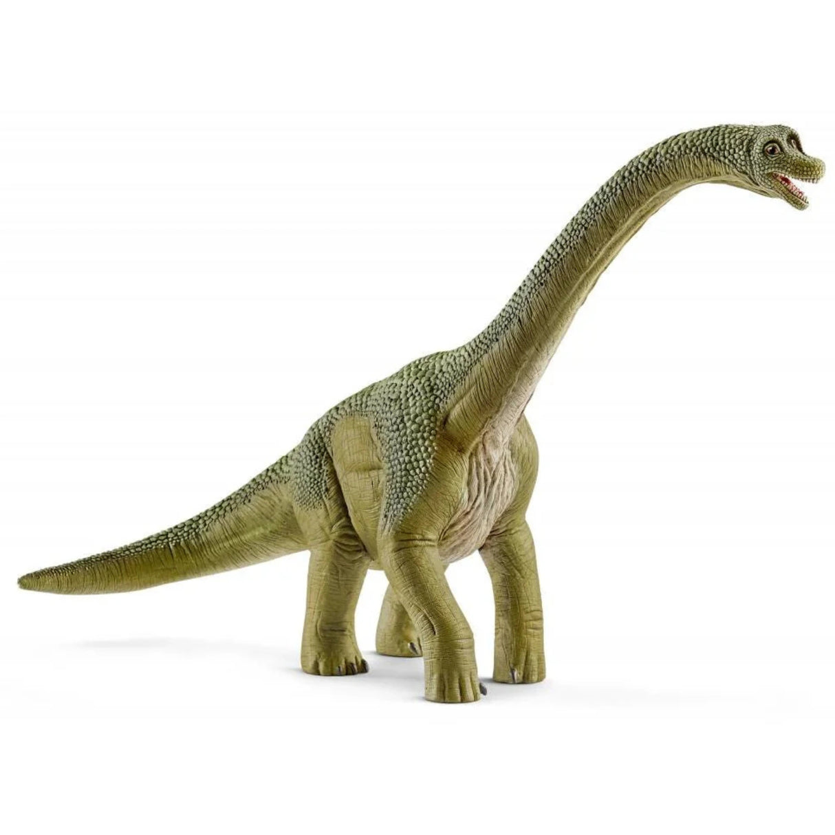 A close-up side view of Schleich Brachiosaurus dinosaur toy on a white background
