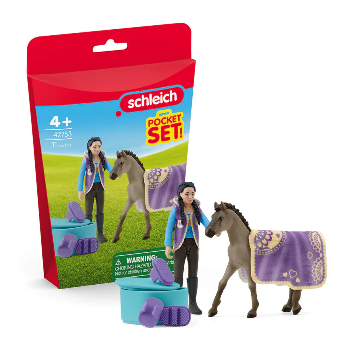 Front view of Schleich horse toy Criollo Definitivo beauty set with Kim on a white background