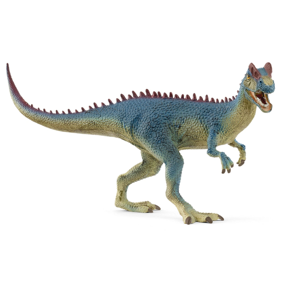 Detailed close-up of Schleich Dilophosaurus dinosaur toy showcasing bony crests on a plain white background