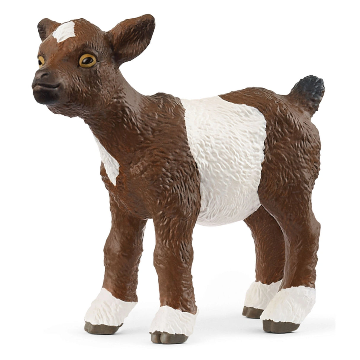 A close-up view of Schleich Farm Animal Toy Goat Kid on a white background