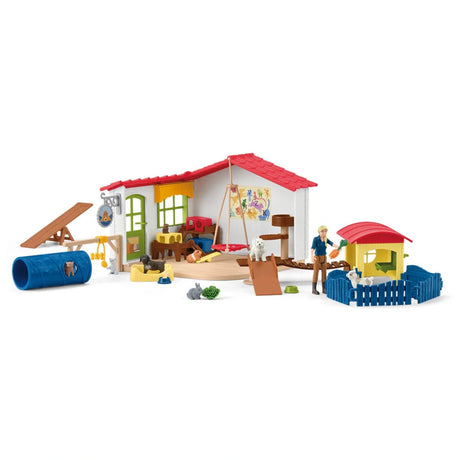 Front view of Schleich Pet Hotel Farm Animal Toys playset on a white background