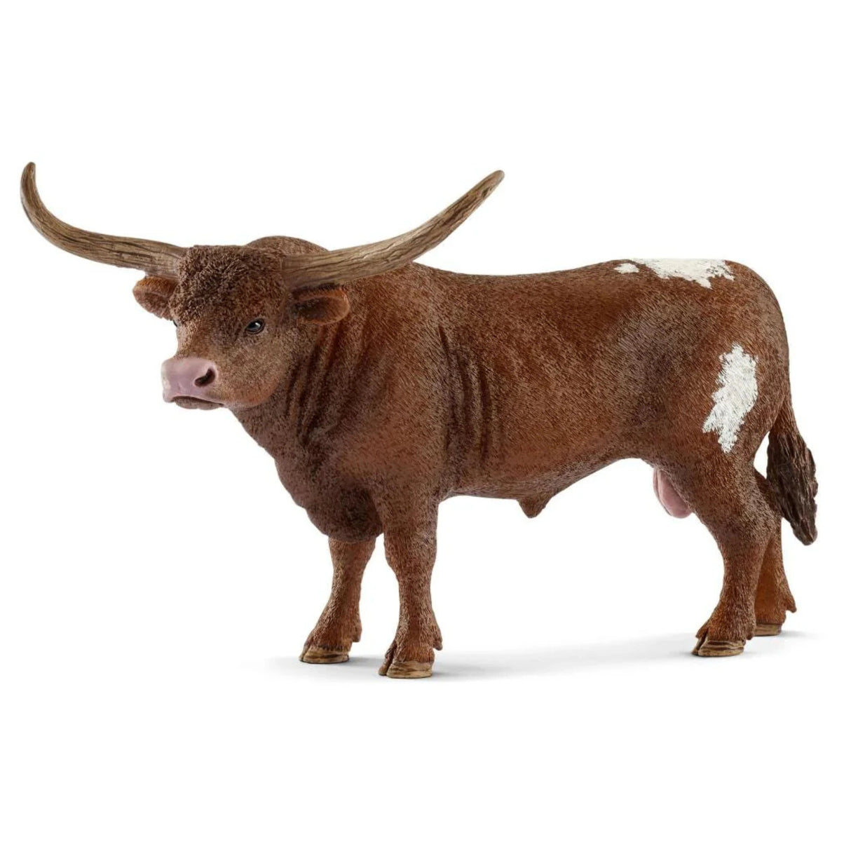 A close-up view of Schleich Farm Animal Toy Texas Longhorn Bull on a white background