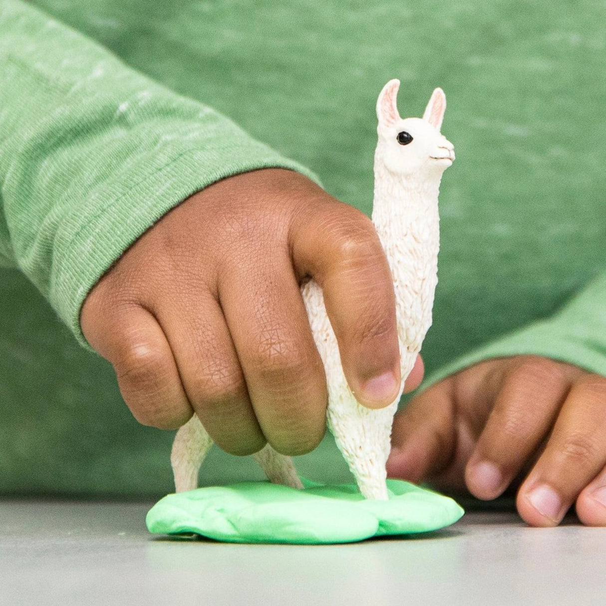 A young child playing with the Schleich Farm World White Llama