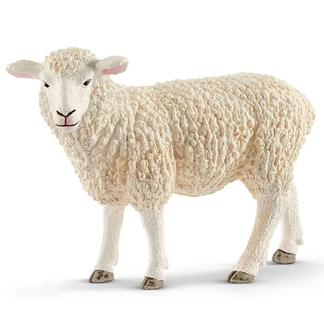 A close-up view of Schleich Farm Animal Toy white sheep on a white background