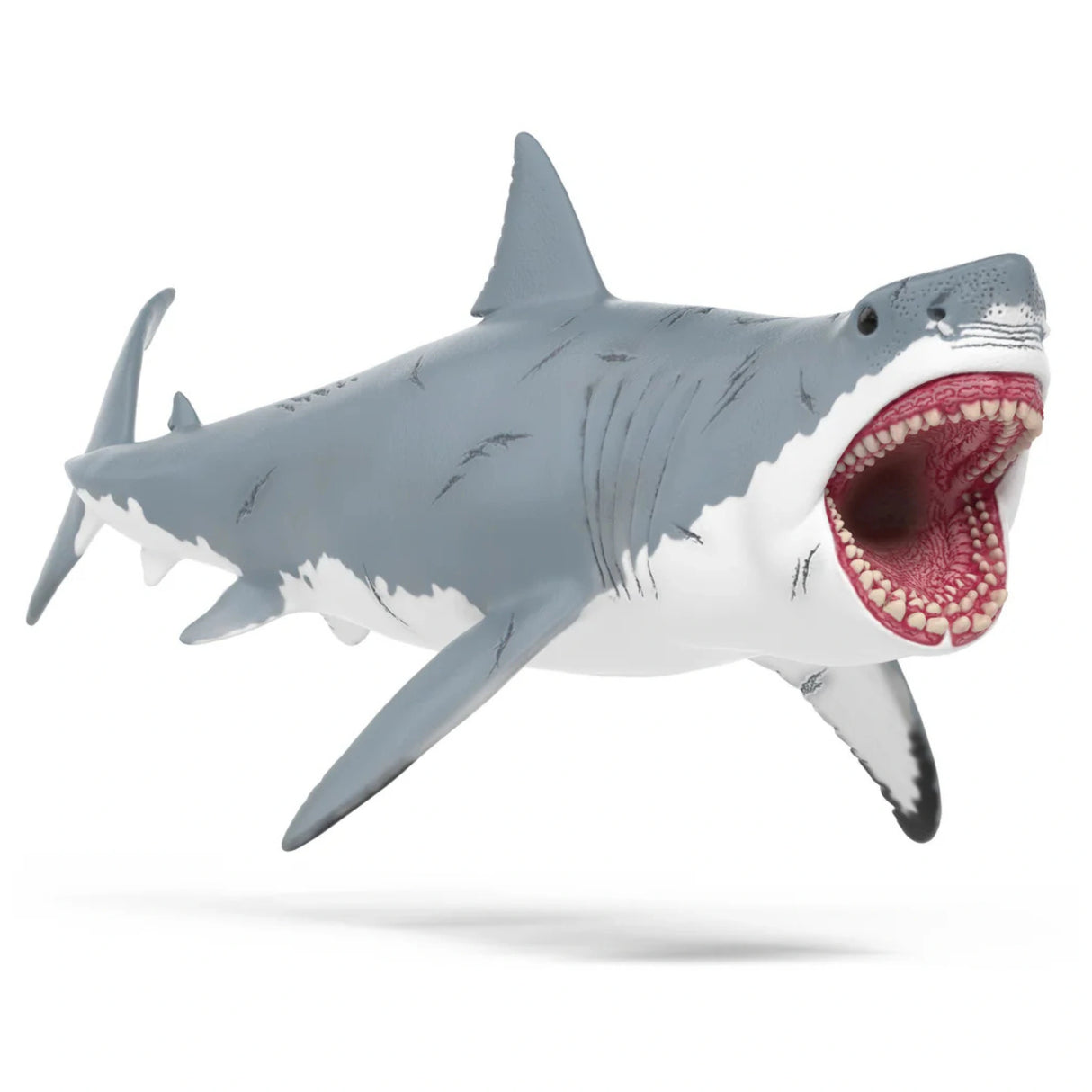 A close-up view of Schleich Grey Megalodon Dinosaur Toy on a white background