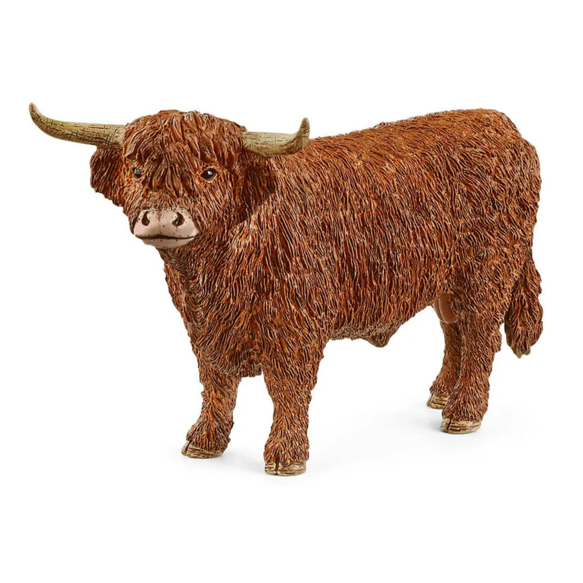 Close-up view of Schleich Highland Bull Farm Animal Toy on a white background