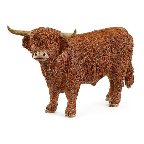 Close-up view of Schleich Highland Bull Farm Animal Toy on a white background