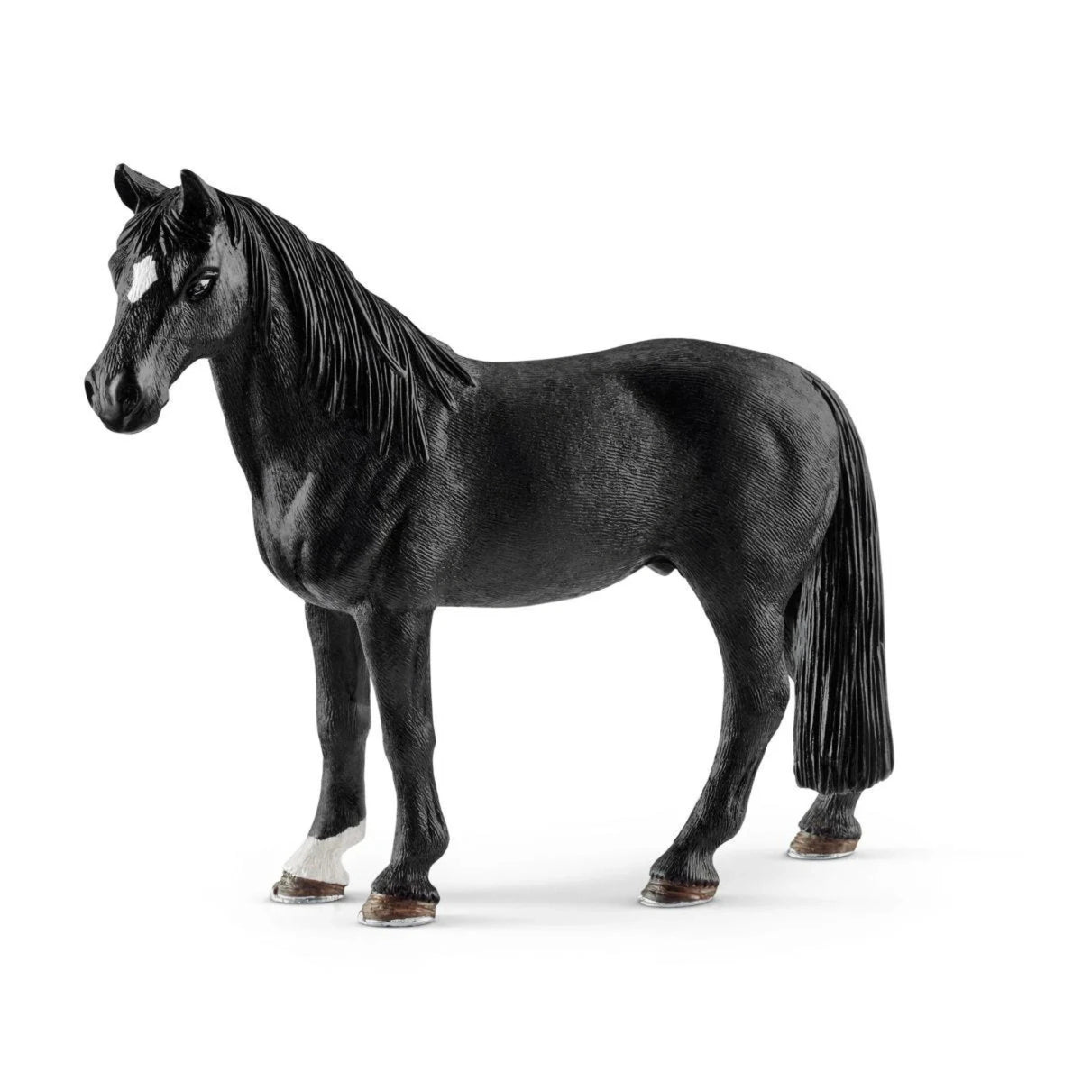 Close-up side view of Schleich Tennessee Walker Gelding Black Horse Toy showing detailed coat and stance on a white background